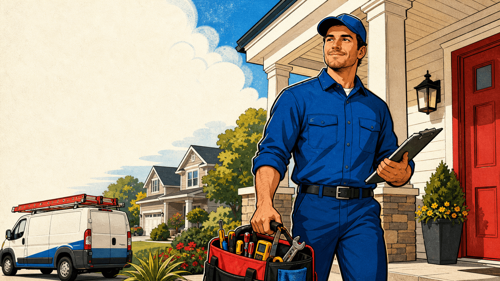 Illustrated home service technician arriving at a front porch